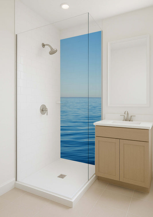 Shower panel featuring a serene blue sea and calm waters, enhancing the relaxing bathroom ambiance.