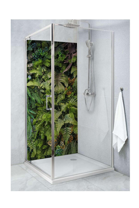 Shower with rainforest-inspired panel featuring lush greenery, creating a vibrant and fresh atmosphere.