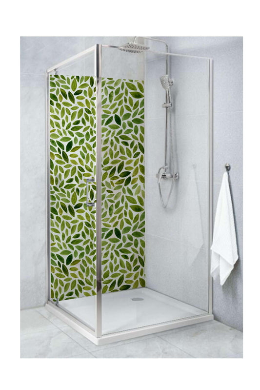 Shower with light green leaves panel, creating a fresh and calming bathroom oasis