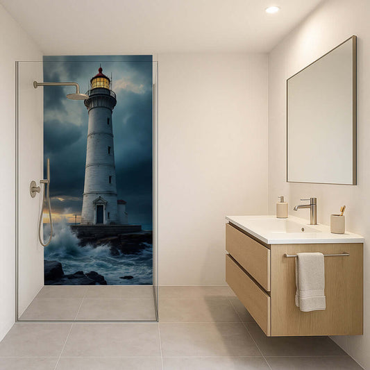 Lighthouse wall panel in modern bathroom, depicting resilience amid stormy waves for a serene shower experience.