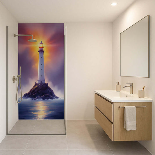 Elegant shower panel featuring a lighthouse, vibrant colors, and a coastal scene for bathroom serenity.