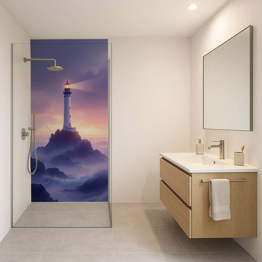 Stunning lighthouse shower panel illuminating a misty ocean, creating a tranquil coastal bathroom atmosphere.