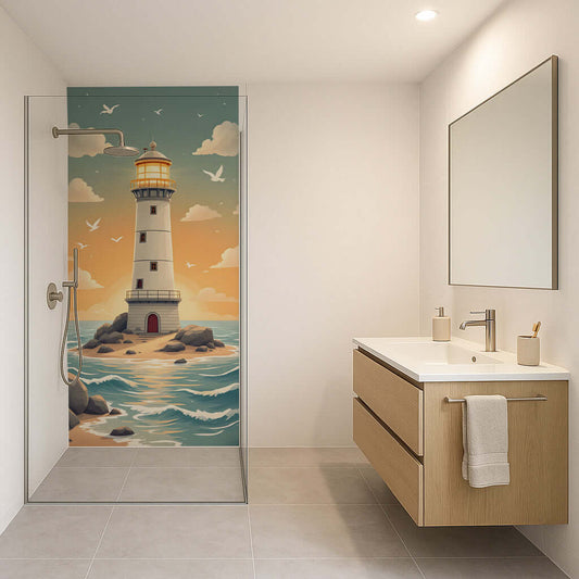 Shower panel featuring a lighthouse at sunrise, creating a serene coastal bathroom atmosphere.