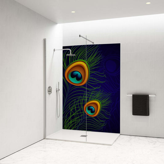 Handmade peacock feather shower panel in a modern bathroom, showcasing vivid colors against a dark blue background.