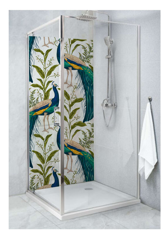 Elegant shower with peacock patterned panel, showcasing vibrant colors and natural beauty in a luxurious bathroom setting.