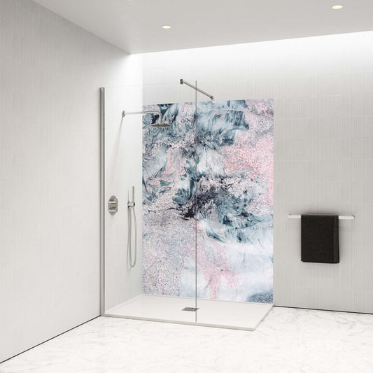 Pink Ebru shower panel showcasing elegant marbling patterns in a modern bathroom setting.