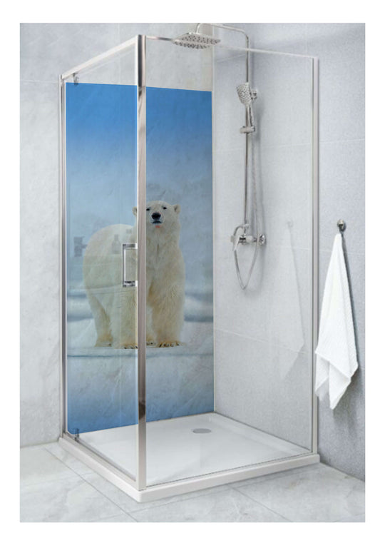 Polar bear panel in a modern shower, enhancing natural décor with an arctic-inspired theme.