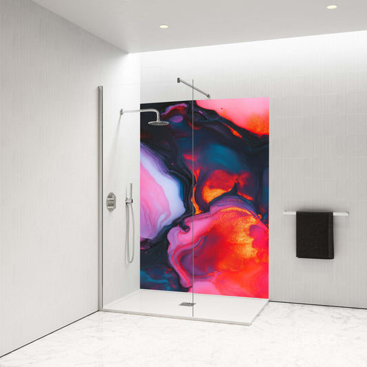 Surreal shower panel featuring flowing lava and ethereal purple light for vibrant contemporary interiors.