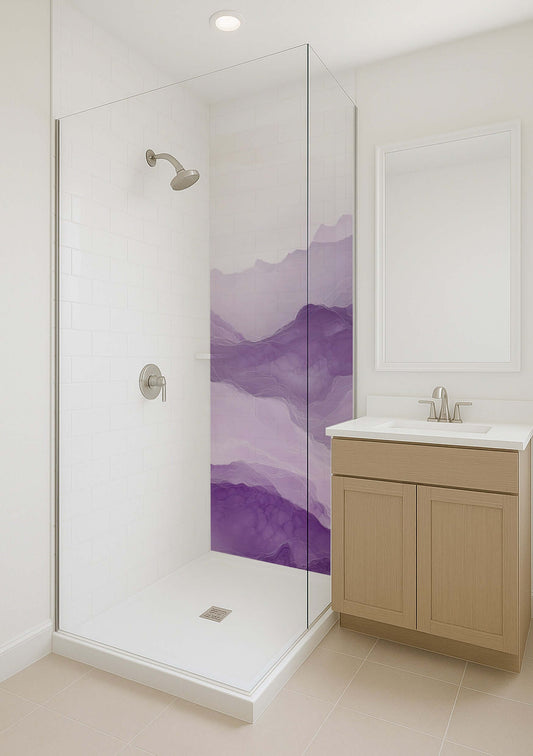 Modern bathroom with shower featuring soft purple wave wall art, creating a serene and calming atmosphere.