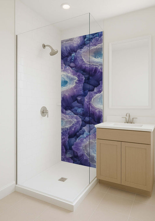 Shower with purple and white amethyst stone panel, showcasing natural beauty and elegance in a modern bathroom.