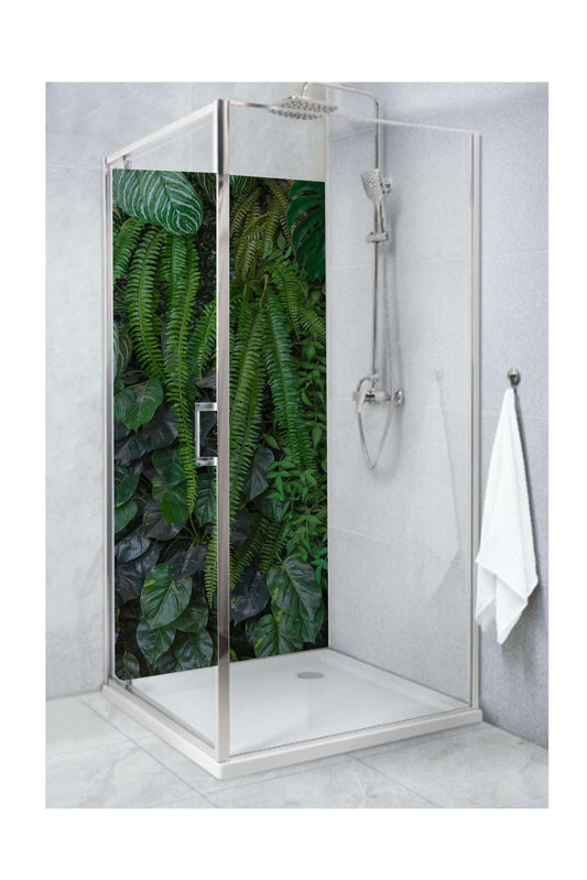 Shower with rainforest foliage panel featuring realistic tropical leaves for a vibrant, jungle-themed aesthetic.