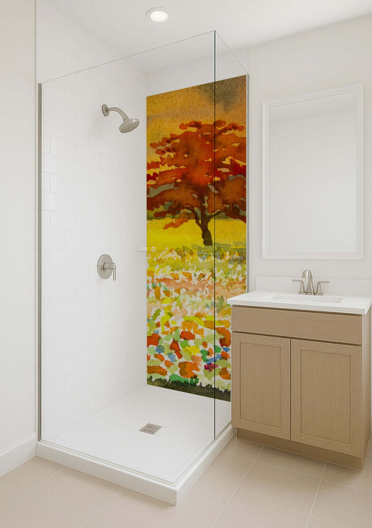 Vibrant watercolor shower panel featuring a red tree and golden field, adding elegance to a modern bathroom.