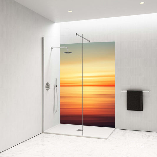 Yellow calming sunset shower panel, vibrant orange and yellow hues for a lively bathroom design.