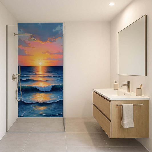 Serene shower panel depicting an amazing sunset reflecting over ocean waves in a tranquil bathroom setting.