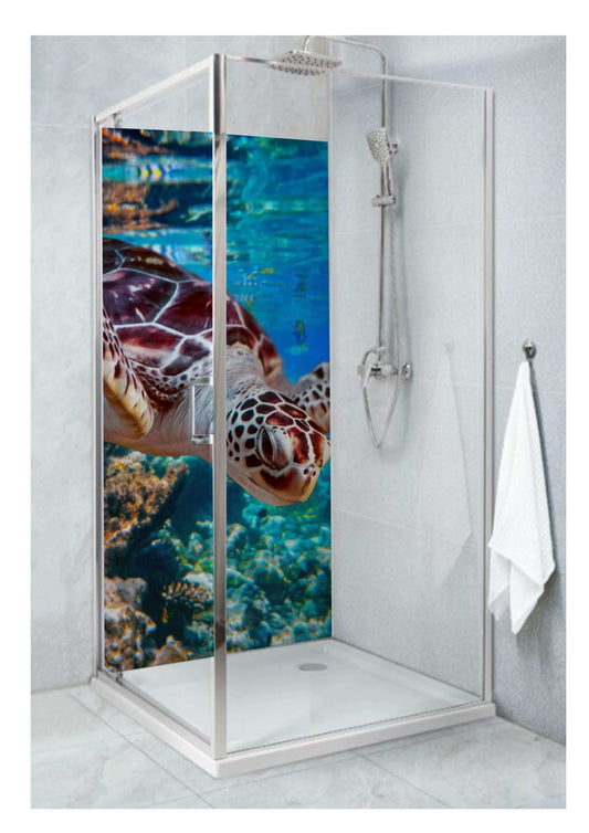 Swimming turtle shower panel design with vibrant, jewel-toned underwater scene, adding tranquility and color to the bathroom.