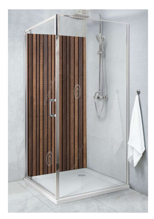 Vertical wooden effect panels in a modern shower, enhancing a spa-like atmosphere with a Scandinavian design.