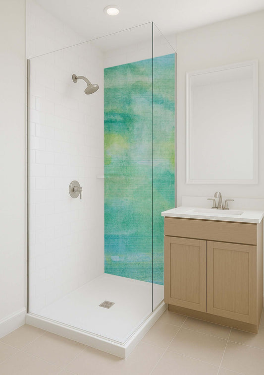 Modern bathroom with a glass shower featuring a watercolour blended blue and yellow shower panel.