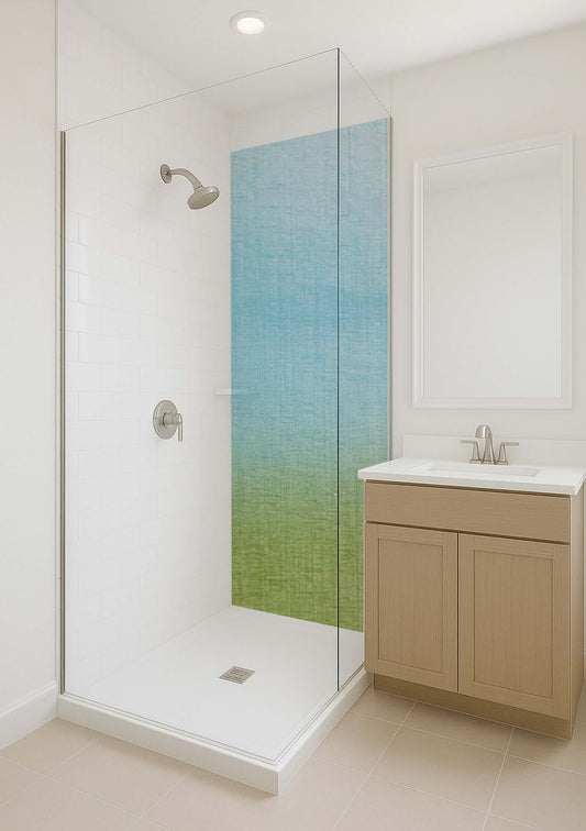 Shower panel featuring a vibrant watercolor blue sky design, enhancing a modern bathroom with fresh elegance.