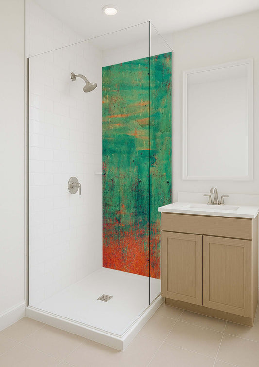 Watercolour shower panel blending green into burnt orange, bringing vibrant energy to a modern bathroom.