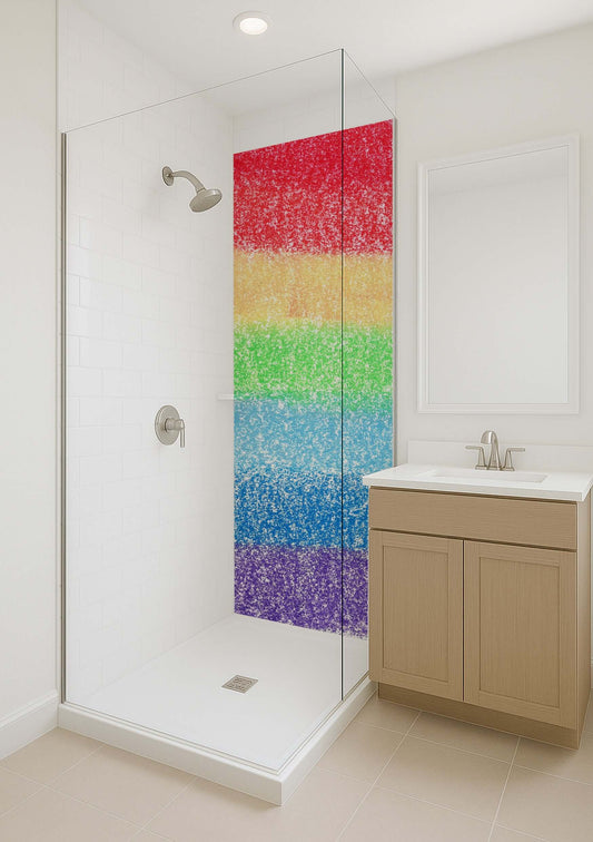 Vibrant horizontal watercolour shower panel in a modern bathroom, featuring a rainbow gradient.