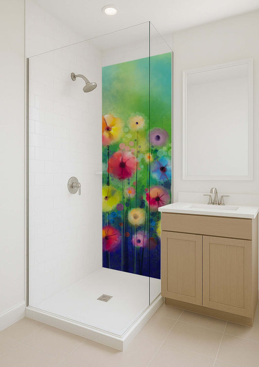 Vibrant watercolour shower panel featuring large, multi-colored flowers for a contemporary bathroom design.