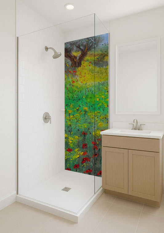Bright red poppies and a watercolour tree design on a modern shower panel, enhancing bathroom elegance.