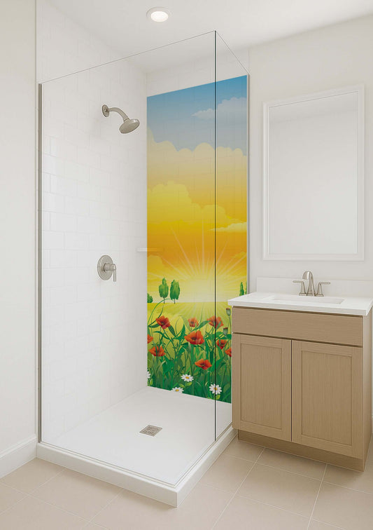 Vibrant watercolour poppies and sunrise in a modern bathroom shower panel design, enhancing serene ambiance.