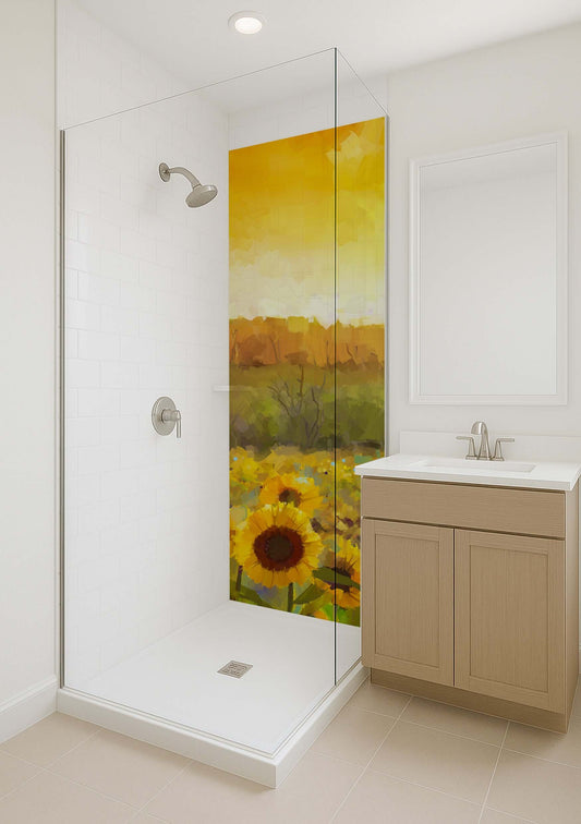 Watercolour sunflowers shower panel with golden blooms, enhancing modern bathroom decor with warmth and elegance.