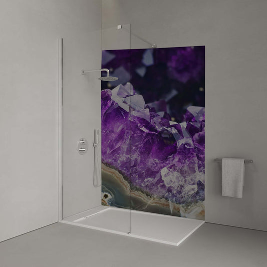 Stunning shower panel featuring purple amethyst with white streaks, showcasing a luxurious gemstone design.