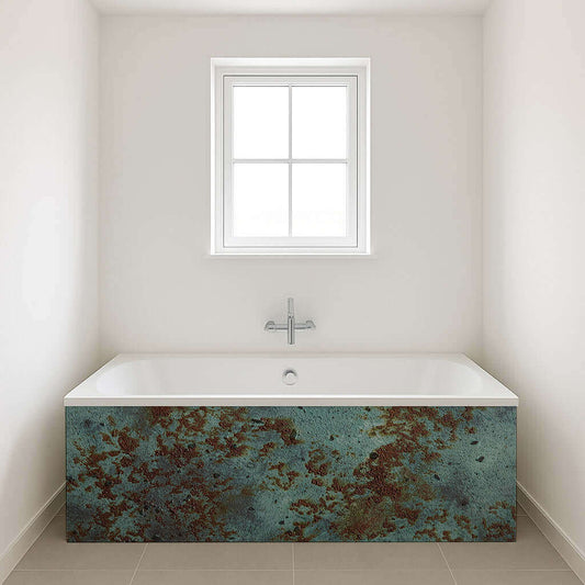 Stylish modern bath panel with a patina effect, adding artistic touch to contemporary bathroom decor.