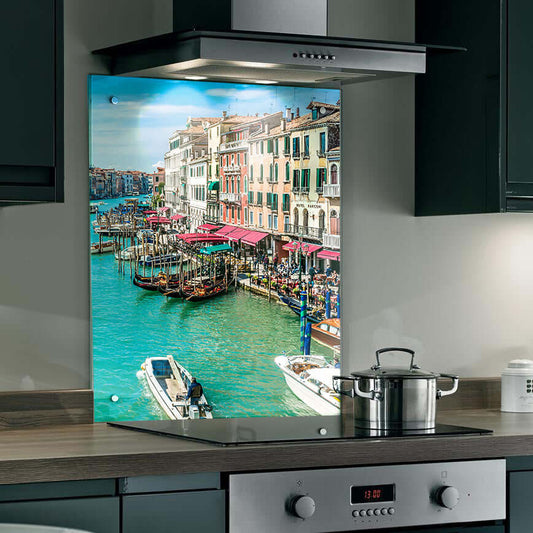 Vibrant Venice canal splashback with turquoise waters and colorful buildings enhancing kitchen decor.