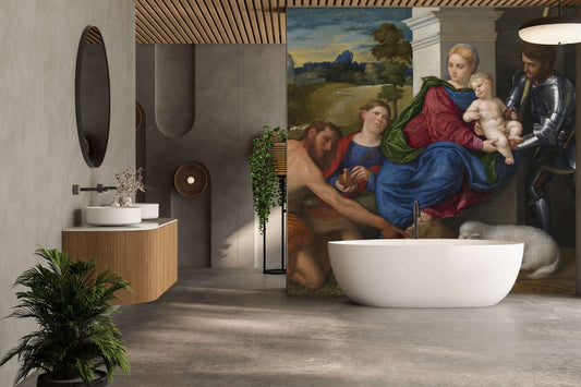 Luxury shower panel featuring Virgin and Child with Saints, enhancing modern bathroom design with classical art.