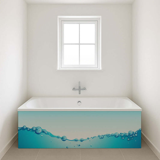 Bathroom panel with wave and bubbles design in blue, enhancing a modern and refreshing atmosphere.