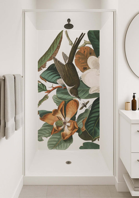 Audubon Warbler Shower Panel showcasing intricate birds, bees, and magnolia blossoms in serene colors.