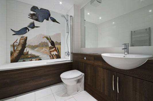 Audubon Kingfisher Bath Panel mural in a modern bathroom setting with wooden cabinetry.