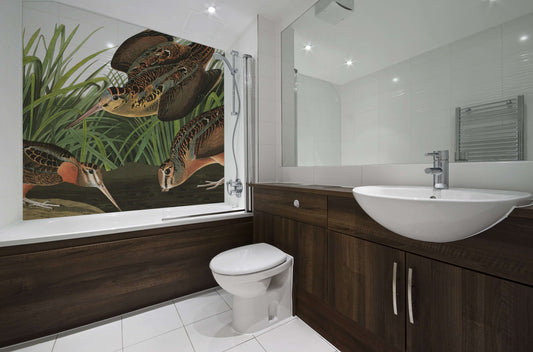 Audubon Woodcock Gallery Panel mural in modern bathroom featuring birds in natural habitat with earthy tones.