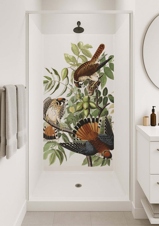 Audubon Kestrel Shower Panel featuring vibrant American kestrels amidst lush green foliage.