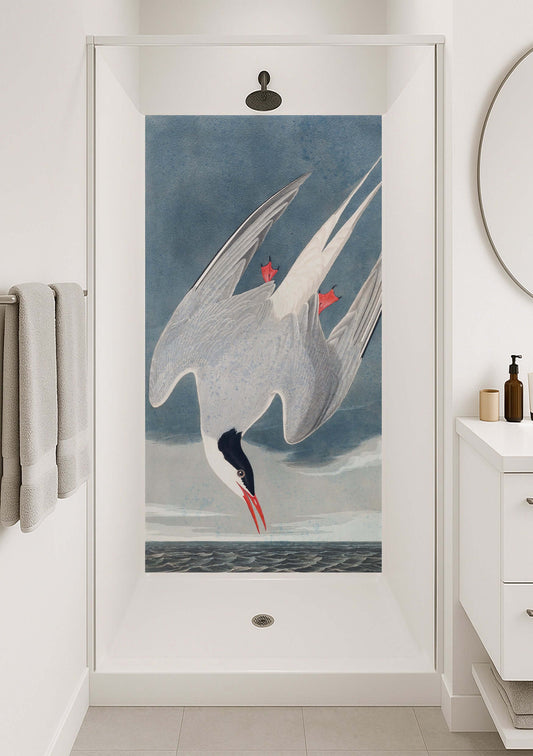 Audubon Tern Shower Panel featuring a tern mid-dive over the sea, ideal for modern bathrooms with a marine theme.