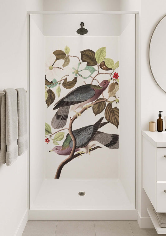 Audubon Banded Pigeon Shower Panel with floral mural in modern bathroom decor, featuring dappled leaves and plum-toned birds.