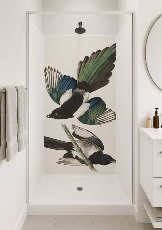 Audubon Magpie Shower Panel featuring vibrant magpies in flight, enhancing a modern bathroom's aesthetic.