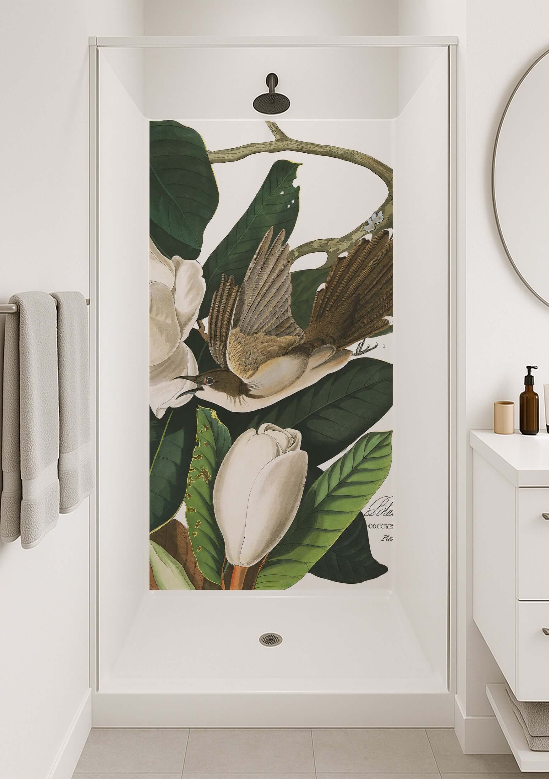 Audubon Magnolia Warbler Shower Panel depicting soft magnolia blooms and a songbird in flight, enhancing bathroom decor.