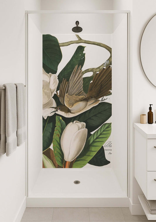 Audubon Magnolia Warbler Shower Panel depicting soft magnolia blooms and a songbird in flight, enhancing bathroom decor.