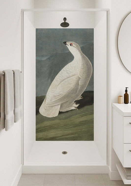 Audubon Ptarmigan Shower Panel in alpine white, featuring white grouse mural in modern bathroom enclosure.