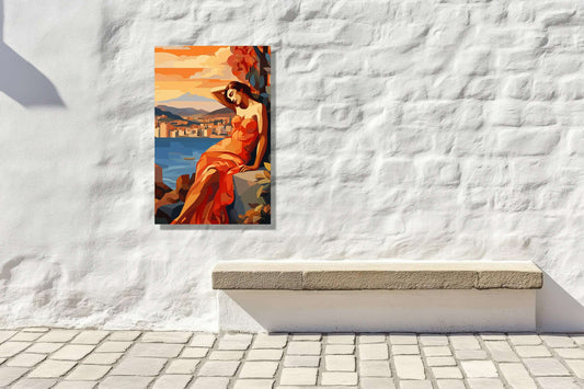 Amalfi Muse artwork featuring a woman in red dress against a coastal backdrop, enhancing garden elegance and charm.