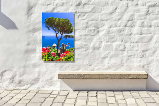 Mediterranean Vista art print featuring coastal views, vibrant flowers, and iconic pines on a textured wall.